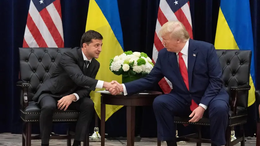 epa07869481 A handout photo made available by Ukraine Presidential Press Service shows Ukraine's President Volodymyr Zelensky (L) and US President Donald J. Trump (R) during a meeting on the sidelines of the 74th session of the United Nations General Assembly in New York, New York, USA, 25 September 2019. The annual meeting of world leaders at the United Nations runs until 30 September 2019. EPA/UKRAINE PRESIDENTIAL PRESS SERVICE / HANDOUT HANDOUT EDITORIAL USE ONLY/NO SALES