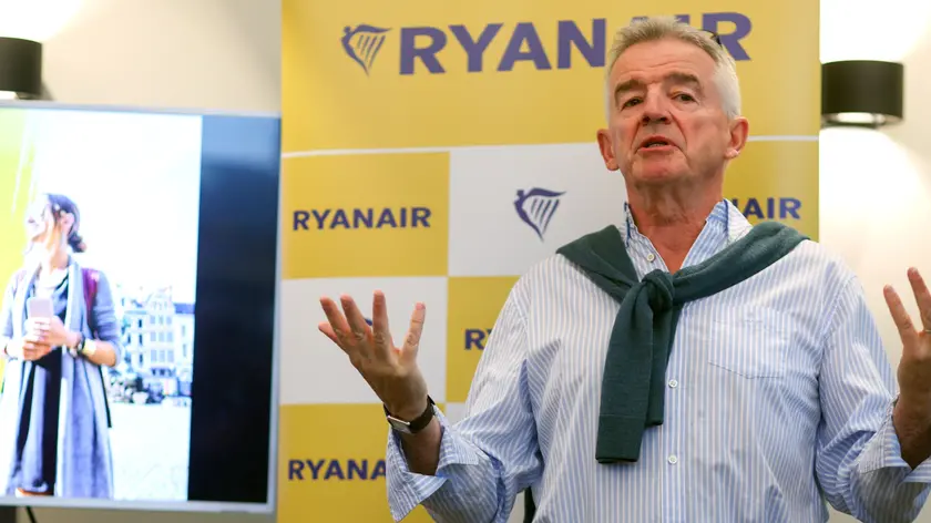 epa11566547 Ryanair group CEO Michael O'Leary speaks during a press conference in Brussels, Belgium, 27 August 2024. During the press conference Ryanair group CEO announced nine new routes from Brussels South Charleroi Airport and called on the European Commission president to take action to urgently reform Europe's Air Traffic Control (ATC) system, which caused record flight delay and cancellation across Europe in 2024. Over the last 3 years Europe ATC fees have risen by 21% while staffing and service continue to decline. EPA/OLIVIER HOSLET