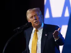 epa11614965 Republican presidential candidate Donald Trump delivers remarks at the Israeli American Council (IAC) Conference at the Washington Hilton in Washington, DC, USA, 19 September 2024. EPA/WILL OLIVER