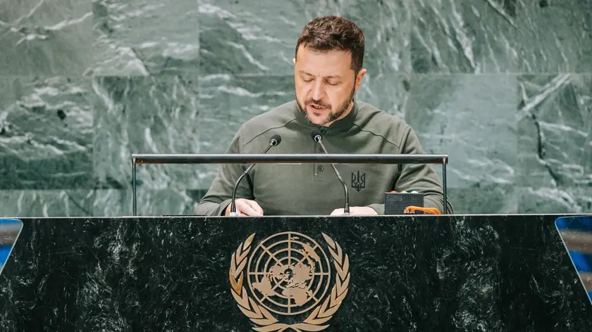 epa11621403 Ukrainian President Volodymyr Zelensky speaks during the 'Summit of the Future' being held in advance of this week’s General Debate of the 79th session of the United Nations General Assembly at United Nations Headquarters in New York, New York, USA, 23 September 2024. EPA/OLGA FEDOROVA