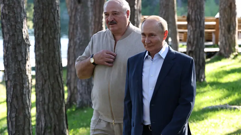 epa11497277 Russian President Vladimir Putin (R) and Belarusian President Alexander Lukashenko visit the Chapel of the Valaam Icon of the Mother of God on Svetly Island, Republic of Karelia, Russia, 26 July 2026. The Belarusian president is on a two days working visit to Russia. EPA/ALEXANDER KAZAKOVSPUTNIK/KREMLIN POOL MANDATORY CREDIT