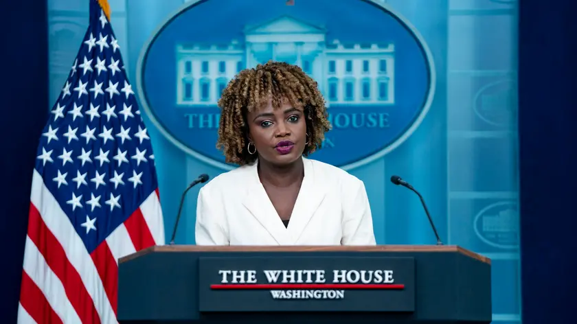 epa11612745 White House Press Secretary Karine Jean-Pierre speaks during the daily press briefing in the James S. Brady Briefing Room at the White House in Washington, DC, USA, 18 September 2024. EPA/BONNIE CASH / POOL