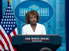 epa11612745 White House Press Secretary Karine Jean-Pierre speaks during the daily press briefing in the James S. Brady Briefing Room at the White House in Washington, DC, USA, 18 September 2024. EPA/BONNIE CASH / POOL