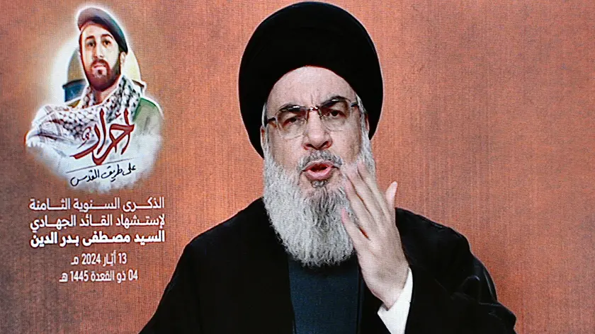 epa11629710 (FILE) Hezbollah leader Hassan Nasrallah delivers a speech via a screen during a rally outside Beirut, Lebanon, 13 May 2024 (reissued 28 September 2024). The Israeli army (Tsahal) said 28 September 2024 that Hezbollah leader Hassan Nasrallah was killed in overnight strike on Beirut. EPA/WAEL HAMZEH