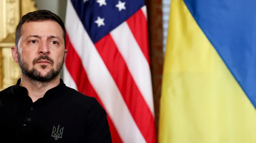 epa11627245 Ukrainian President Volodymyr Zelensky looks on during a meeting with US Vice President Kamala Harris, in the Vice President's Ceremonial Office in Washington, DC, USA, 26 September 2024. President Biden on 26 September announced a 2.4 billion Dollars in military assistance, under the Ukraine Security Assistance Initiative, among other military aids to Ukraine, and plans to convene a leader-level meeting of key allies to coordinate additional support when he visits Germany next month. EPA/TING SHEN / POOL