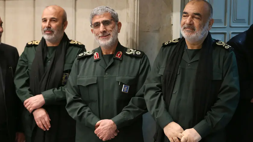 epa08114032 A handout picture made available by the supreme leader office shows, newly-appointed head of the Islamic Revolutionary Guards Quds force Esmail Qaani (C), Iranian Revolutionary Guards commander Major General Hossein Salami (R), during a mourning ceremony held by supreme leader for late Revolutionary Guards Quds force Qasem Soleimani in Tehran, Iran, 09 January 2020. EPA/SUPREME LEADER OFFICE HANDOUT HANDOUT EDITORIAL USE ONLY/NO SALES