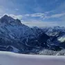 Il lago di Alleghe e il monte Civetta imbiancati dalla copiosa nevicata della scorsa notte visti del Ristoro Belvedere di Cima Fertazza, nel comune di Selva di Cadore, sulle Dolomiti bellunesi, 29 novembre 2021. ANSA/MICHELA TORRE