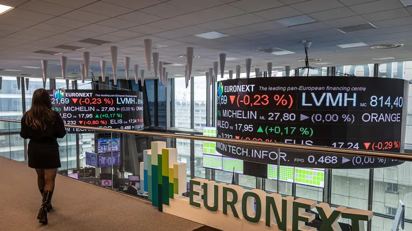 epa10538169 Screens display stock market prices in the operations room at the Euronext stock exchange headquarters in the Paris financial district of La Defense, France, 23 March 2023. Euronext is a pan-European market infrastructure, connecting European economies to global capital markets. It operates regulated exchanges in Belgium, France, Ireland, Italy, the Netherlands, Norway and Portugal. EPA/CHRISTOPHE PETIT TESSON