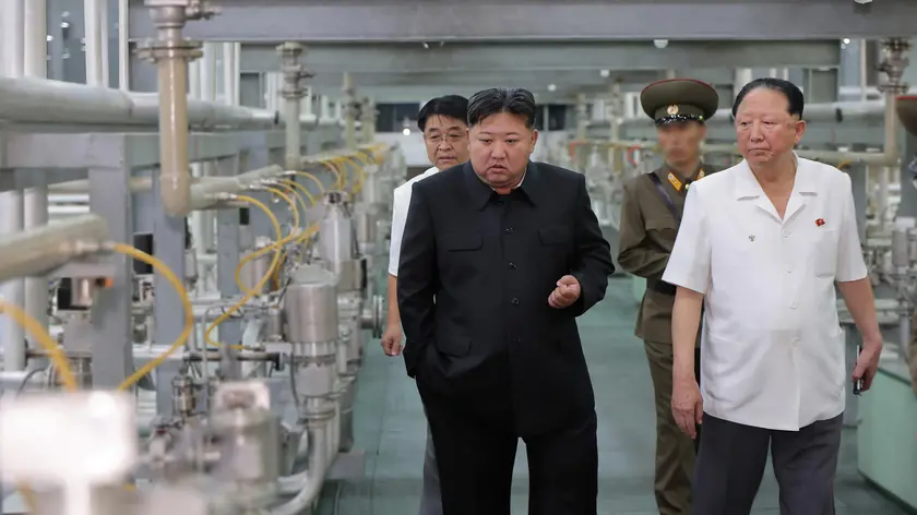 epa11601459 An undated photo released on 13 September 2024 by the official North Korean Central News Agency (KCNA) shows North Korean leader Kim Jong Un (L) inspecting the Nuclear Weapons Institute and the production base of weapon-grade nuclear materials at an undisclosed location in North Korea. EPA/KCNA EDITORIAL USE ONLY