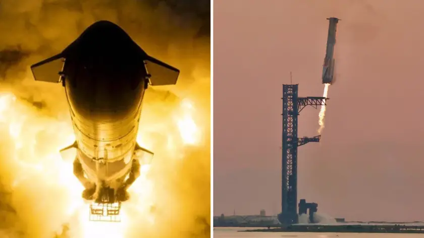 Il lancio e poi il momento del recupero del Super-Heavy Booster sulla rampa (Credit Space X)