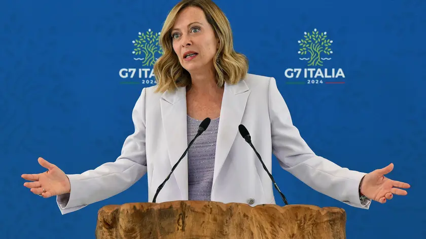 Italian Prime Minister Giorgia Meloni attends a press conference after the G7 summit at Borgo Egnazia resort in Savelletri (Brindisi), southern Italy, 15 June 2024. The 50th G7 summit brings together the Group of Seven member states leaders in Borgo Egnazia resort in southern Italy from 13 to 15 June 2024. ANSA/ETTORE FERRARI