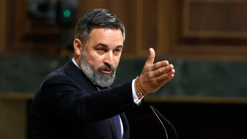 epa11359596 President of the right-wing party Vox, Santiago Abascal, attends a plenary session at the Parliament's Lower Chamber, in Madrid, Spain, 22 May 2024. The Spanish prime minister announced that Spain will recognize the state of Palestine on 28 May 2024. EPA/JJ Guillen