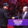 epa11688255 Howard Lutnick, Chairman and CEO of Cantor Fitzgerald (R), greets Elon Musk, businessman, (L), during a rally held for former US President and Republican presidential candidate Donald Trump, at Madison Square Garden in New York, New York, USA, 27 October 2024. Trump is facing US Vice President and Democratic presidential candidate Kamala Harris in the upcoming election on 05 November 2024. EPA/SARAH YENESEL