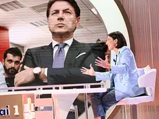 Programma televisivo Cinque Minuti. Elly Schlein, sullo sfondo un’ immagine di Conte