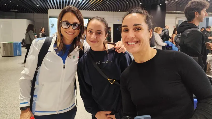 Tathiana Garbin, Elisabetta Cocciaretto e Martina Trevisan, le tenniste azzure rientrate a Roma, dopo la conquista ieri a Malaga della "Billie Jean King Cup"