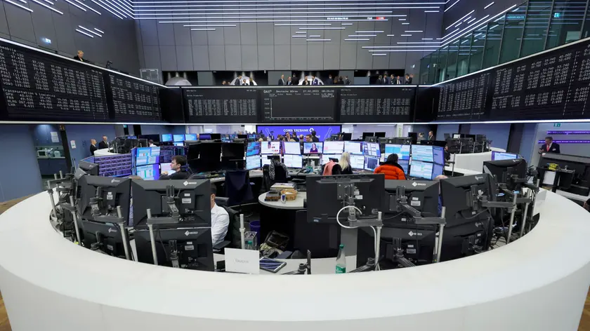 epa10493462 An interior view of the floor of the Frankfurt Stock Exchange prior to the opening of trading, in Frankfurt am Main, Germany, 27 February 2023. German Commerzbank AG will return into the group of 40 businesses listed in the German Stock Market Index DAX with the opening Bell on 27 February morning. The bank lost its rank in the DAX in autumn 2018 due to severe loss in their stocks value. The bank, that was one of the founding businesses of the DAX, can now return due to the withdrawal of the Linde company from trading at the Franfurt Stock exchange, the 'Deutsche Boerse Group' said on their website. EPA/RONALD WITTEK