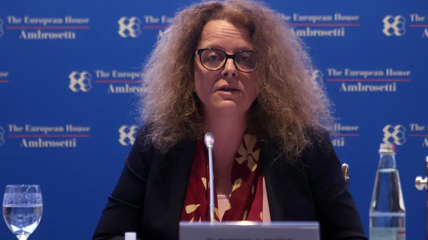 Il membro del board della Banca Centrale Europea Isabel Schnabel al forum Ambrosetti “Lo scenario dell’economia e della finanza” in corso di svolgimento a villa d’Este a Cernobbio, Como, 2 Aprile 2022. ANSA / MATTEO BAZZI