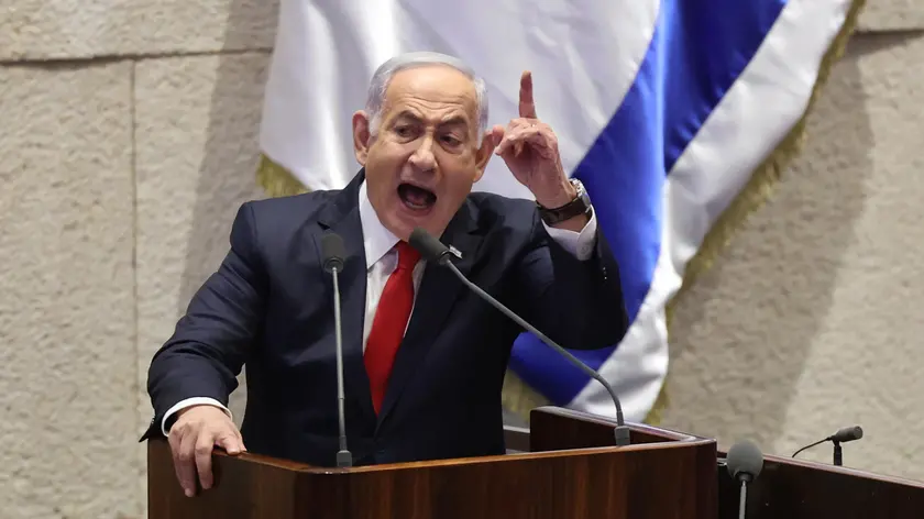 epa11727582 Israeli Prime Minister Benjamin Netanyahu speaks during a discussion called on by the opposition on the release of the Israeli hostages held by Hamas, at the Knesset in Jerusalem, Israel, 18 November 2024. According to Israel's military, around 100 Israeli hostages remain in captivity in the Gaza Strip, including the bodies of 33 confirmed dead. EPA/ABIR SULTAN