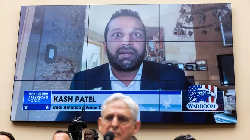 epa11389243 Trump loyalist Kash Patel is seen on a monitor behind US Attorney General Merrick Garland as Garland testifies before the Republican controlled House Judiciary Committee in the Rayburn House Office Building in Washington, DC, USA, 04 June 2024. Weeks ago, the same committee voted to hold Garland in contempt of Congress for not providing audio recordings of President Biden's interview with Special Counsel Robert Hur. Republicans also alleged the Biden administration was involved in the conviction of former President Trump on 34 felonies for falsifying business records. EPA/JIM LO SCALZO