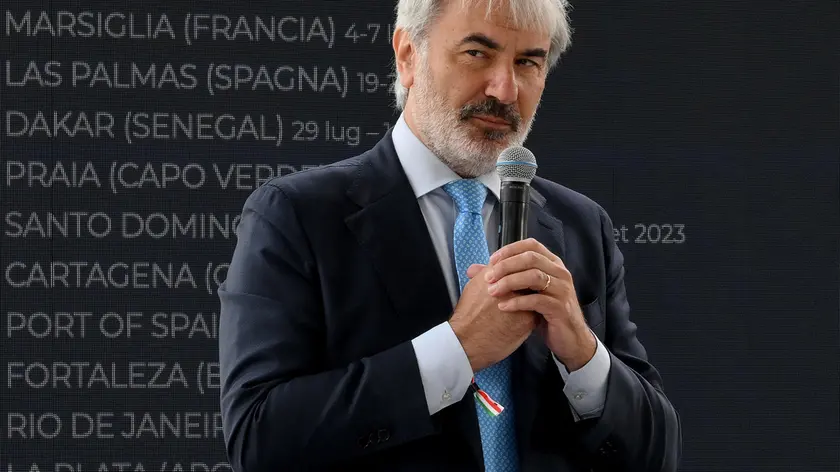L'amministratore delegato di Difesa Servizi, Luca Andreoli, durante la conferenza stampa interministeriale di presentazione di Villaggio Italia e del Tour mondiale dell'Amerigo Vespucci presso il propileo del Vittoriano a Roma, 24 giugno 2024. ANSA/ETTORE FERRARI