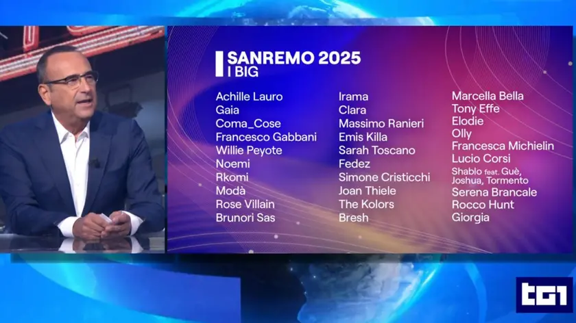 Un fermo immagine tratto dalla diretta al Tg1 delle 13.30 mostra il direttore artistico di Sanremo Carlo Conti mentre svela i primi nomi dei 30 Big in gara a Sanremo 2025