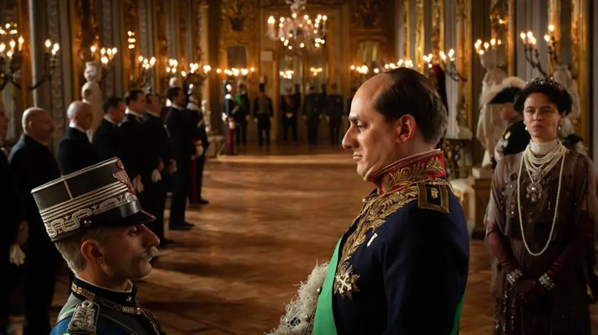 Nella foto di scena di “M -Il figlio del secolo” ci sono Vincenzo Nemolato e Luca Marinelli