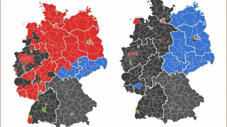 A sinistra il voto 2021, a destra quello di domenica: l'ex DDR in mano all'ultradestra (in blu)