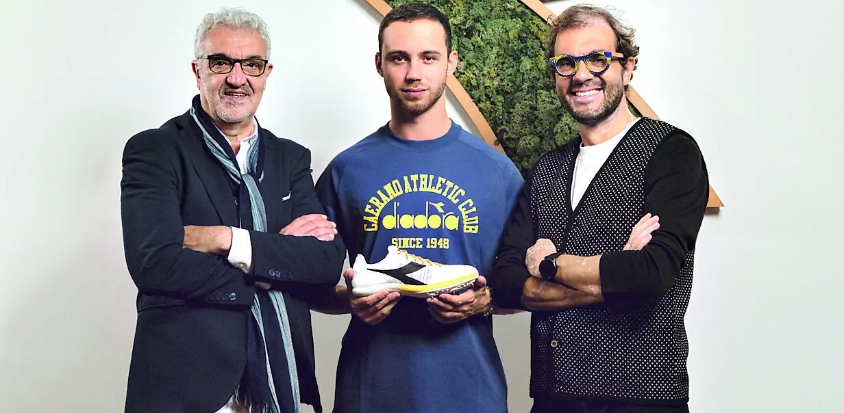 Gelindo Bordin con il velocista Samuele Ceccarelli e il presidente di Diadora Enrico Moretti Polegato