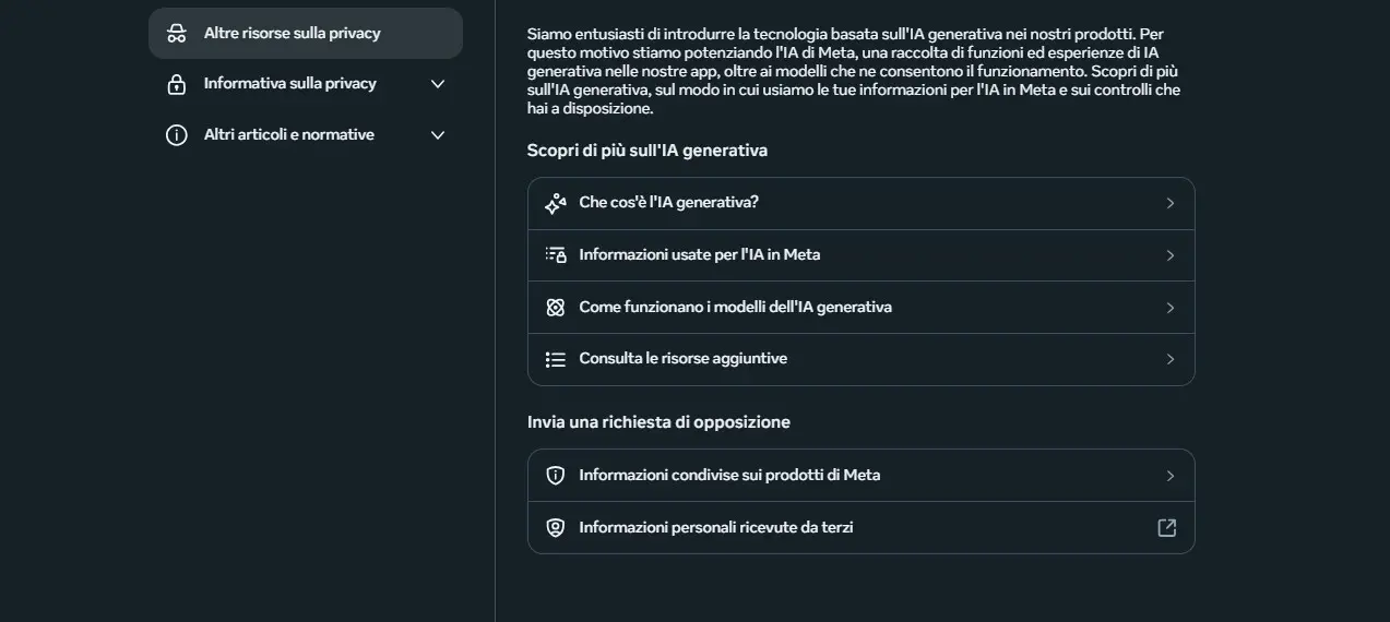 La schermata, uguale per Facebook e Instagram, dov'è possibile inoltrare richiesta di opposizione. Basterà cliccare su Informazioni condivise sui prodotti Meta e si aprirà il modulo di opposizione