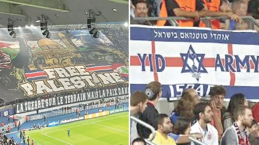 Lo striscione dei tifosi del Psg in una gara di Champions League, a destra una bandiera pro-Israele del Tottenham
