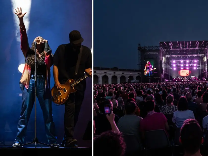 Due momenti del concerto di Alanis Morissette a Villa Manin