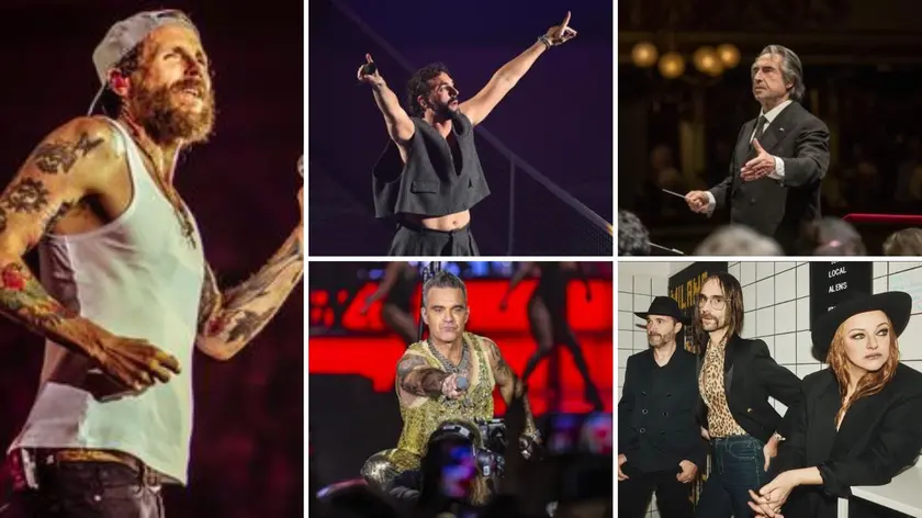 Jovanotti e, da sinistra, in alto Marco Mengoni e Riccardo Muti, in basso Robbie Williams e i Baustelle