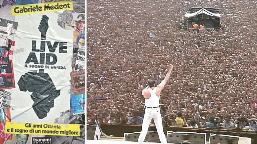 La copertina del libro e la foto simbolo: Freddie Mercury dei Queen davanti alla sterminata platea di Wembley al Live Aid 1985