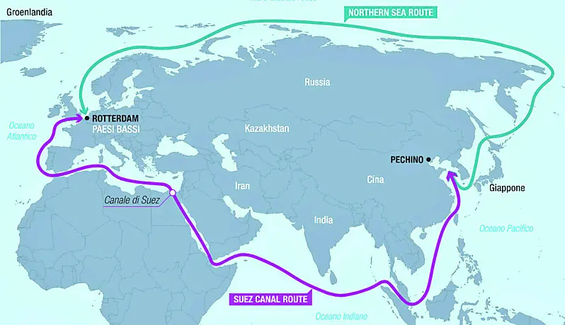 Il confronto tra la rotta artica e il transito per Suez