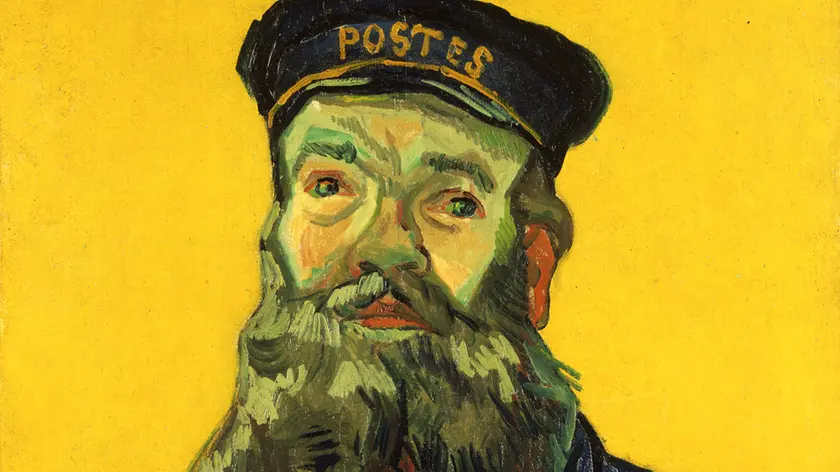 Il postino Joseph, ritratto da Van Gogh nella sua uniforme, giacca blu, cappello con visiera con la scritta Postes