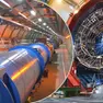 A sinistra una parte del tunnel e dei magneti dell’acceleratore LHC (in blu). A destra l’apparato sperimentale ALICE durante l’installazione nel 2019