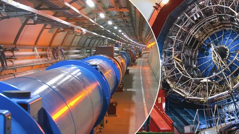 A sinistra una parte del tunnel e dei magneti dell’acceleratore LHC (in blu). A destra l’apparato sperimentale ALICE durante l’installazione nel 2019