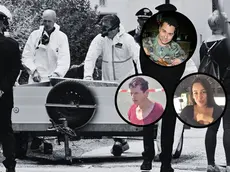 I rilievi dei carabinieri sulla scena del crimine. Nei tondi, in alto Alessandro Venier, in basso, a sinistra, la madre Lorena, a destra la compagna Mailyn Castro Monsalvo