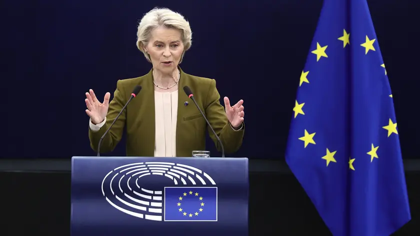 L'intervento sullo stato dell'Unione di Ursula von der Leyen a Strasburgo (Epa)