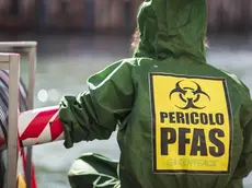 Un’attivista di Greenpeace durante una protesta anti Pfas. Foto Ansa