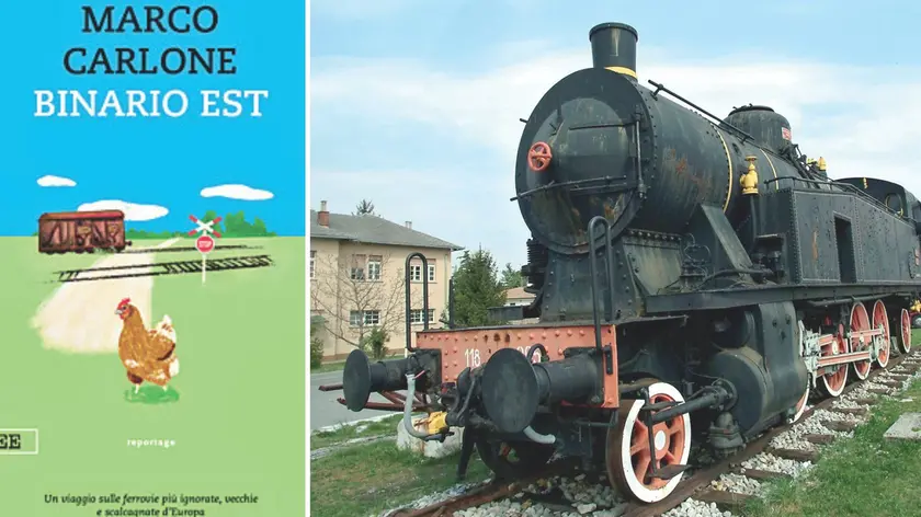 Una locomotiva d’epoca alla stazione della Transalpina, a Nova Gorica, a sinistra la copertina del libro