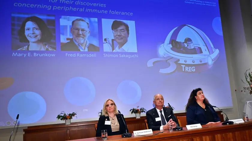Nobel per la Medicina: le foto dei premiati proiettate al Karolinska Institutet, vicino a Stoccolma, all’annuncio