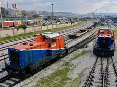 Un locomotore Adriafer, il mezzo in manovra sui binari interni al porto di Trieste