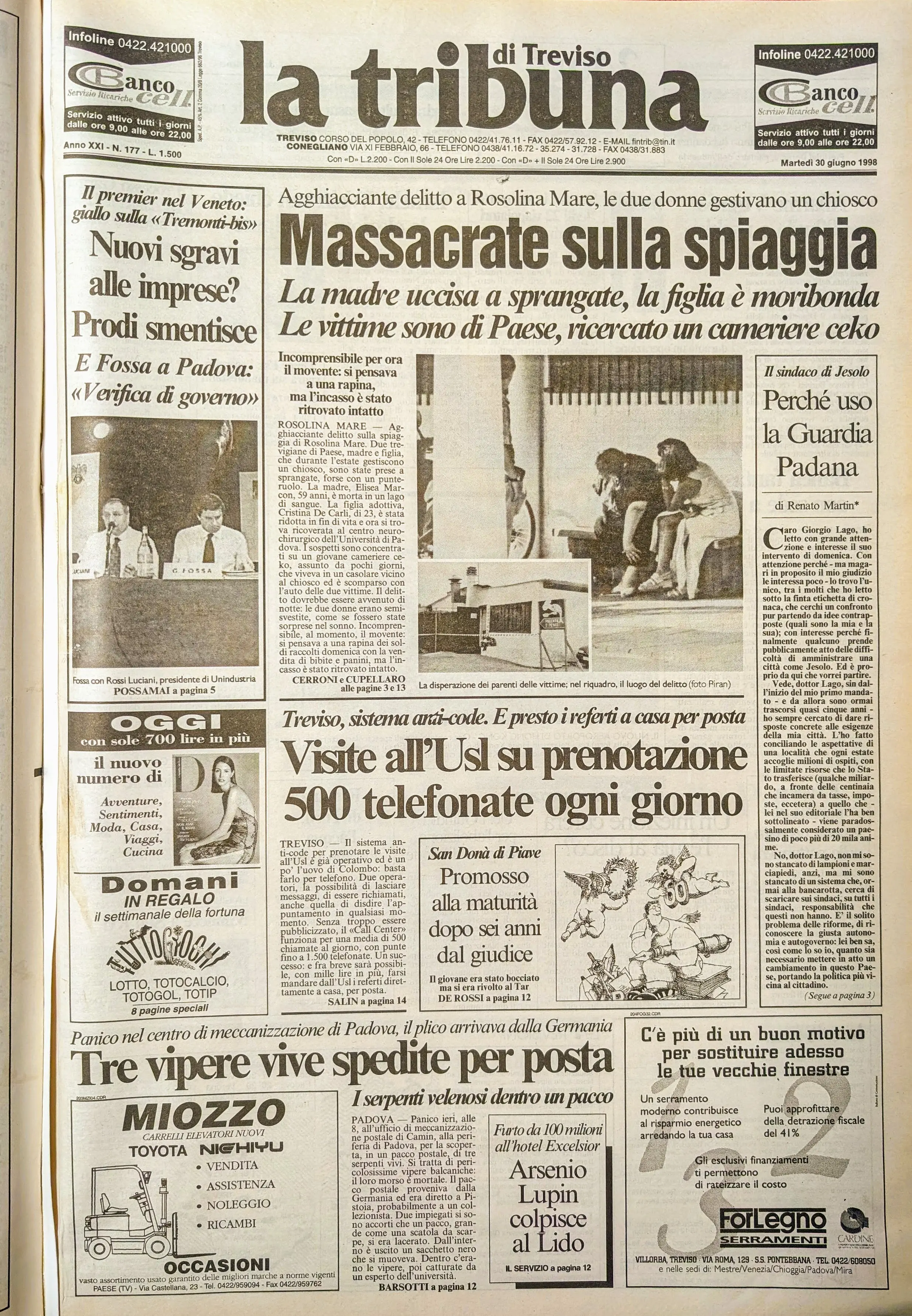 La prima pagina della Tribuna di Treviso del 30 giugno 1998