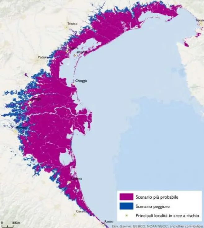 La mappa che mostra la porzione di territorio che rischia di finire sott'acqua