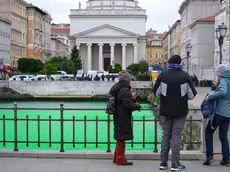 I passanti in Ponterosso osservano stupiti il mare del Canal Grande colorato di verde Foto Silvano e Bruni