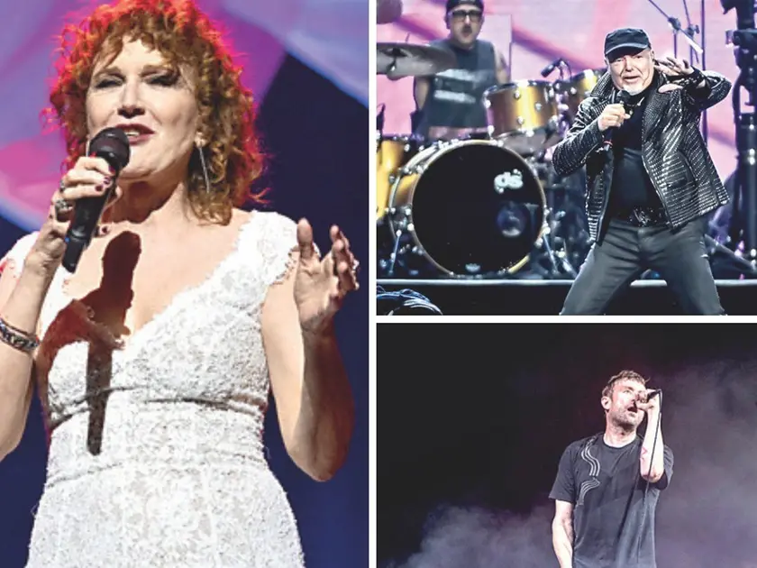 Alcuni dei grandi nomi che si esibiranno nel 2026 a Nord Est. A sinistra, Fiorella Mannoia. In alto, da sinistra Vasco Rossi e Max Pezzali, in basso i Gorillaz e Brunori Sas.