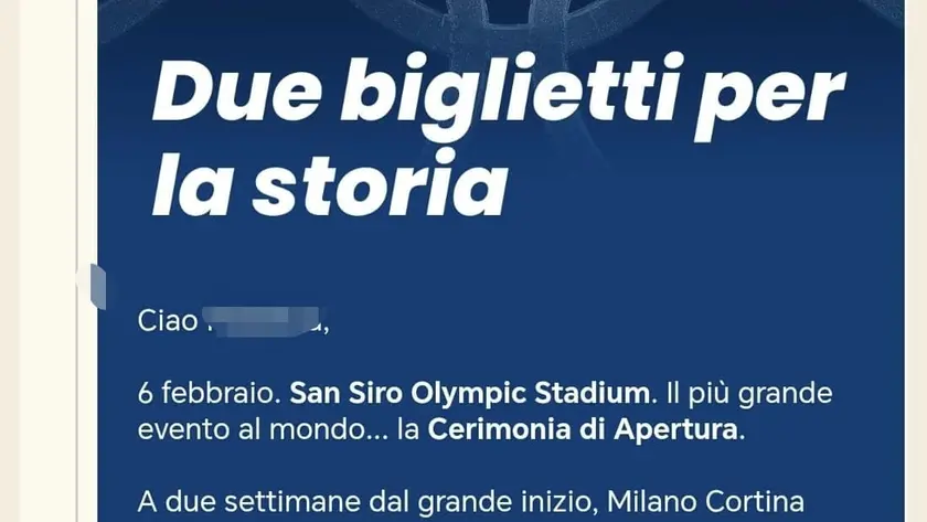 La mail con cui viene lanciata la promozione per la cerimonia di apertura di Milano-Cortina