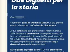La mail con cui viene lanciata la promozione per la cerimonia di apertura di Milano-Cortina