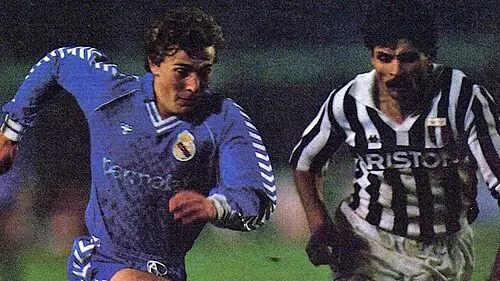 Favero a contrasto con Butragueño in un Juve-Real di Coppa Campioni 1986-87